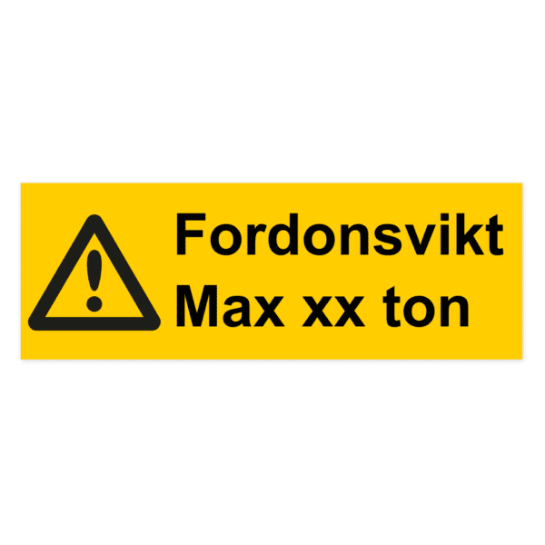 Varning, fordonsvikt max (ton)-skylten har storleken 420x148mm och tillverkas i materialet Aluminium 0.7mm. Denna standardskylt kan anpassas så att du kan skapa din egen version av skylten.