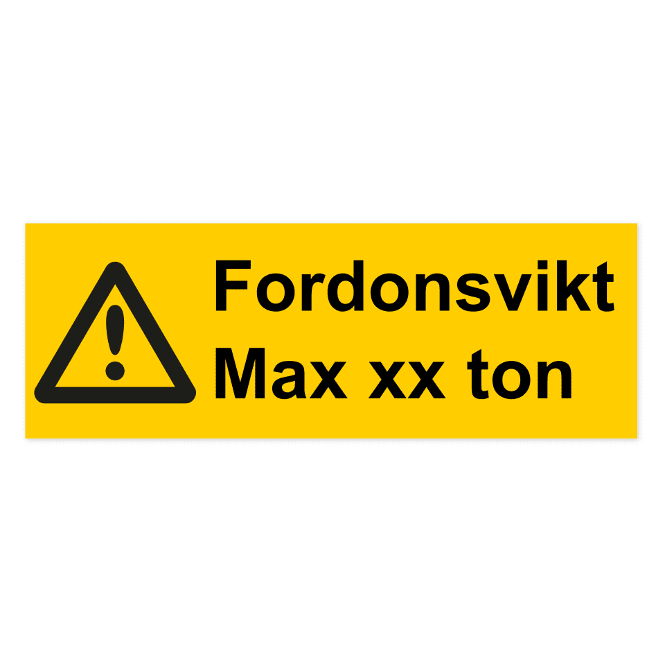 Varning, fordonsvikt max (ton)-skylten har storleken 420x148mm och tillverkas i materialet Aluminium 0.7mm. Denna standardskylt kan anpassas så att du kan skapa din egen version av skylten.