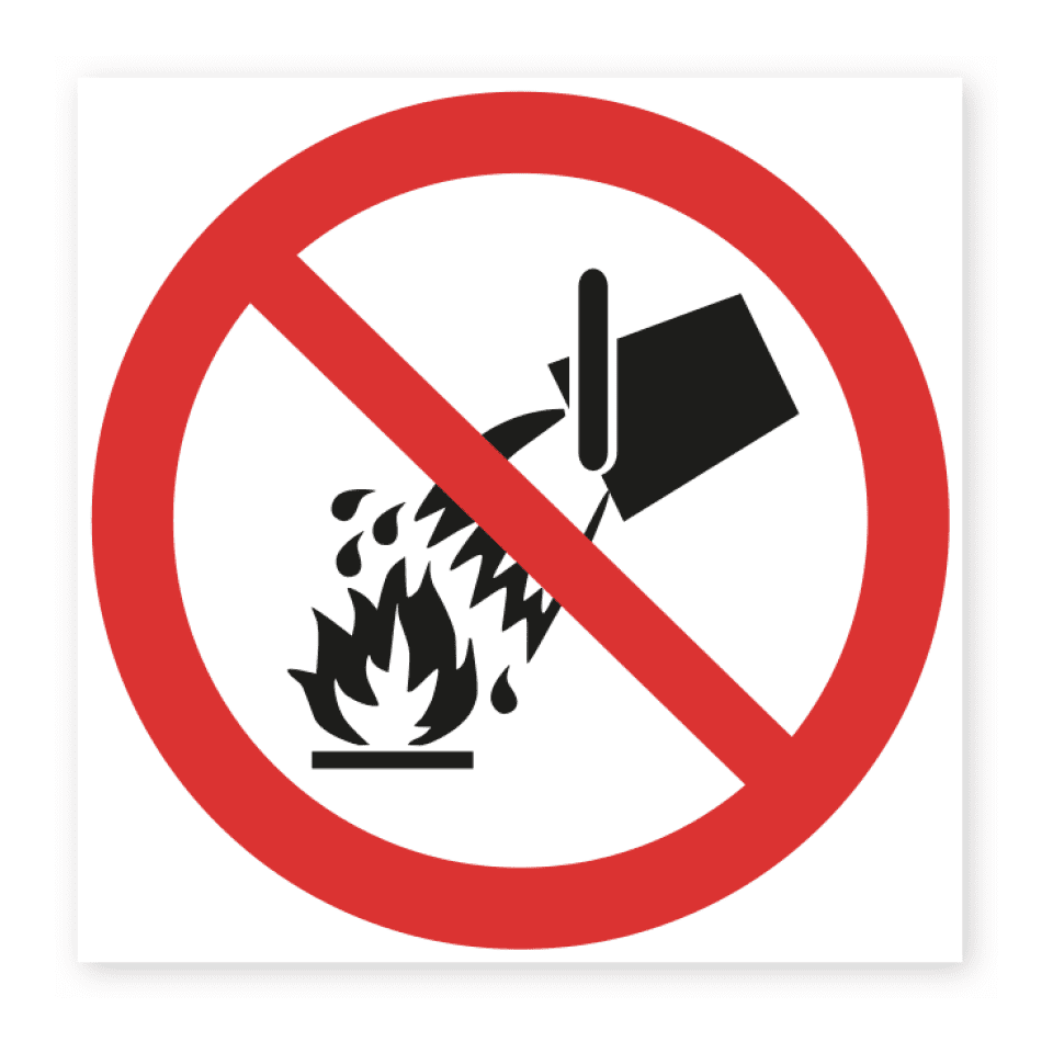 Skylten - Förbjudet att använda vatten för släckning. Upplyft meddelandet "Förbjudet att använda vatten för släckning" av två olika storlekar som självhäftande dekal. Idealisk för mindre utrymmen där varje kvadratcentimeter är viktig.