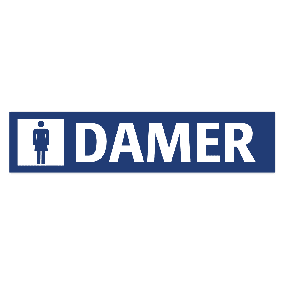 Damer-skylten har storleken 650x150mm och tillverkas i materialet Aluminium 0.7mm. Denna standardskylt kan anpassas så att du kan skapa din egen version av skylten.