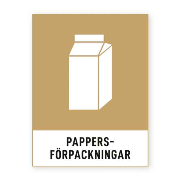 Pappersförpackningar-skylten har storleken 74x97mm och tillverkas i materialet Dekal. Denna standardskylt kan anpassas så att du kan skapa din egen version av skylten.