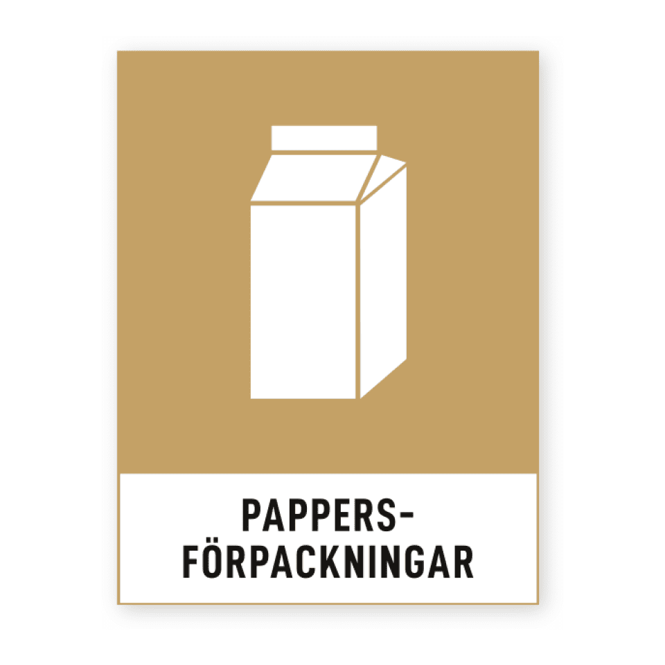 Pappersförpackningar-skylten har storleken 74x97mm och tillverkas i materialet Dekal. Denna standardskylt kan anpassas så att du kan skapa din egen version av skylten.