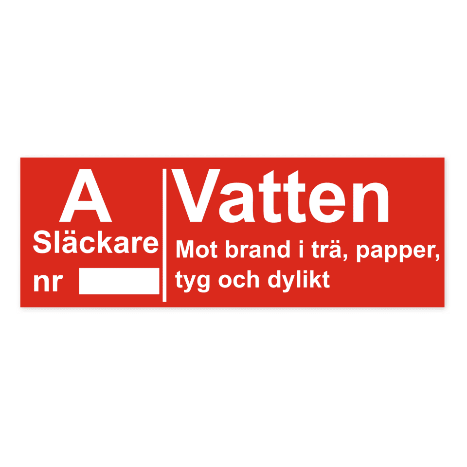 Brandsläckare - Vatten (A): Mot brand i trä, papper, tyg och dylikt-skylten har storleken 297x105mm och tillverkas i materialet Aluminium 0.7mm. Denna standardskylt kan anpassas så att du kan skapa din egen version av skylten.
