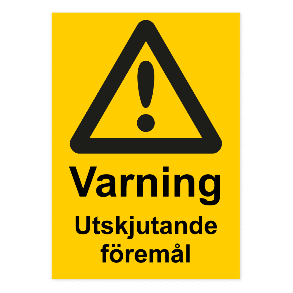 Varning för utskjutande föremål-skylten har storleken 210x297mm och tillverkas i materialet Aluminium 0.7mm. Denna standardskylt kan anpassas så att du kan skapa din egen version av skylten.