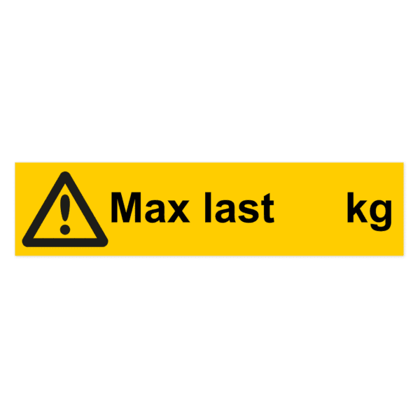 Varning, max last (kg)-skylten har storleken 500x120mm och tillverkas i materialet Aluminium 0.7mm. Denna standardskylt kan anpassas så att du kan skapa din egen version av skylten.