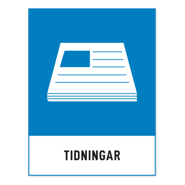Tidningar-skylten har storleken 210x276mm och tillverkas i materialet Dekal. Denna standardskylt kan anpassas så att du kan skapa din egen version av skylten.