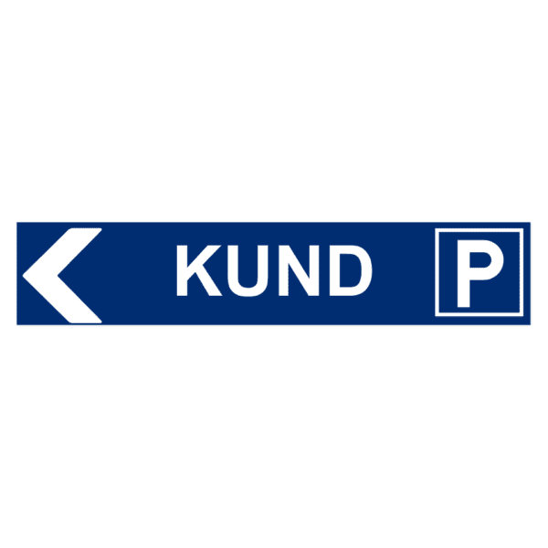 Kundparkering pil vänster-skylten har storleken 1000x200mm och tillverkas i materialet aluminium 2mm plan. Denna standardskylt kan anpassas så att du kan skapa din egen version av skylten.