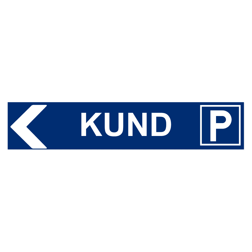 Kundparkering pil vänster-skylten har storleken 1000x200mm och tillverkas i materialet aluminium 2mm plan. Denna standardskylt kan anpassas så att du kan skapa din egen version av skylten.