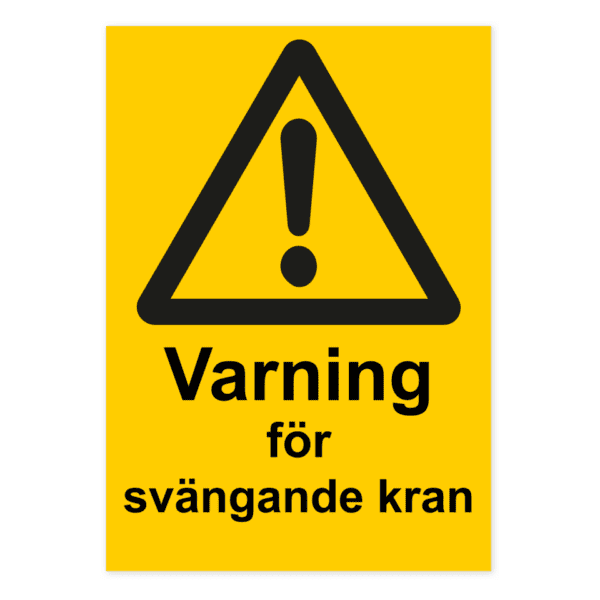 Varning för svängande kran-skylten har storleken 210x297mm och tillverkas i materialet Dekal. Denna standardskylt kan anpassas så att du kan skapa din egen version av skylten.