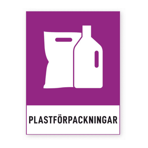 Plastförpackningar-skylten har storleken 74x97mm och tillverkas i materialet Dekal. Denna standardskylt kan anpassas så att du kan skapa din egen version av skylten.