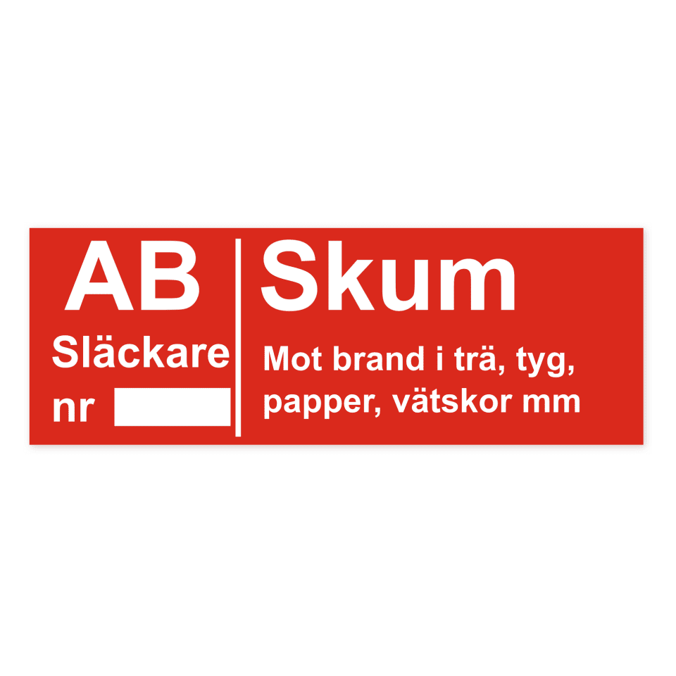 Brandsläckare - Skum (AB): Mot brand i trä, tyg, papper, vätskor mm-skylten har storleken 297x105mm och tillverkas i materialet Aluminium 0.7mm. Denna standardskylt kan anpassas så att du kan skapa din egen version av skylten.