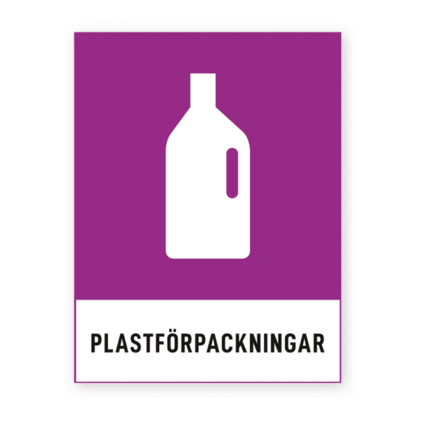 Plastförpackningar-skylten har storleken 74x97mm och tillverkas i materialet Dekal. Denna standardskylt kan anpassas så att du kan skapa din egen version av skylten.