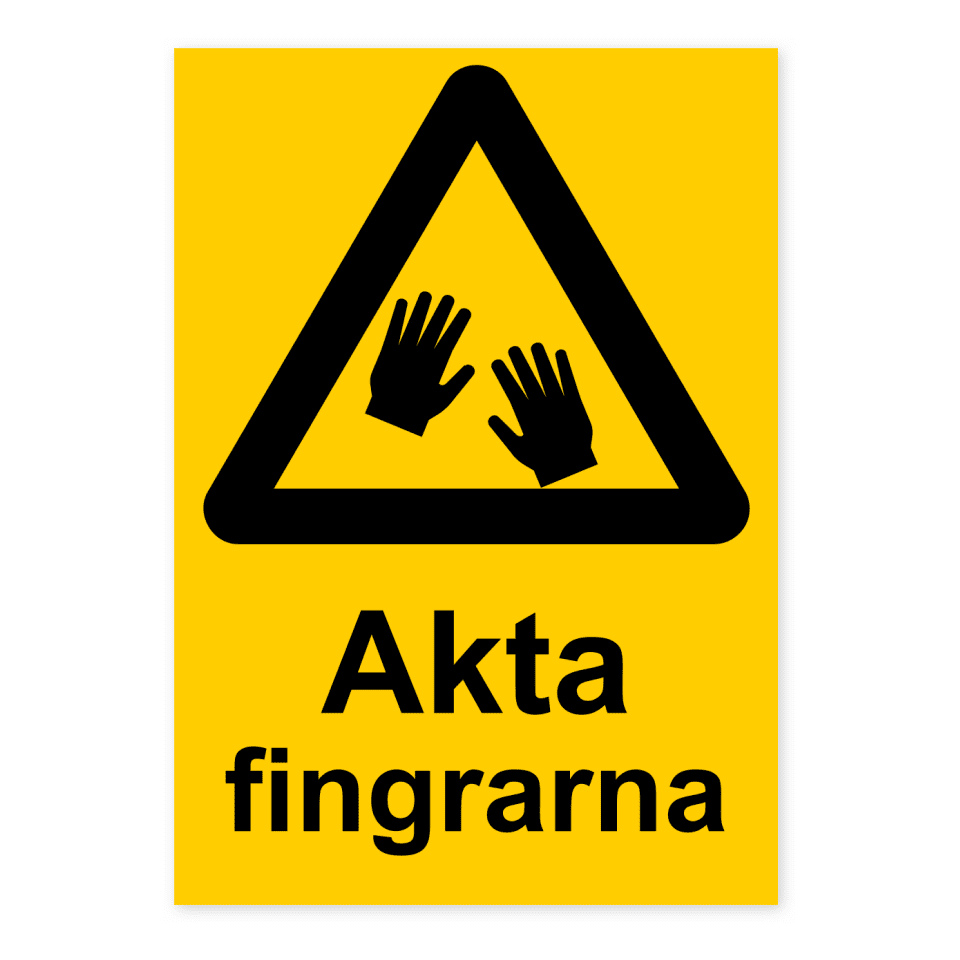 Varning, akta fingrarna-skylten har storleken 148x210mm och tillverkas i materialet Aluminium 0.7mm. Denna standardskylt kan anpassas så att du kan skapa din egen version av skylten.
