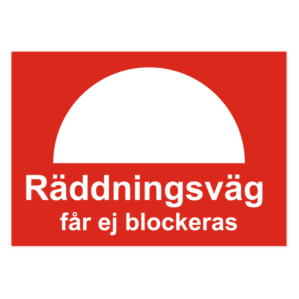 Räddningsväg får ej blockeras-skylten har storleken 420x297mm och tillverkas i materialet Aluminium 0.7mm. Denna standardskylt kan anpassas så att du kan skapa din egen version av skylten.