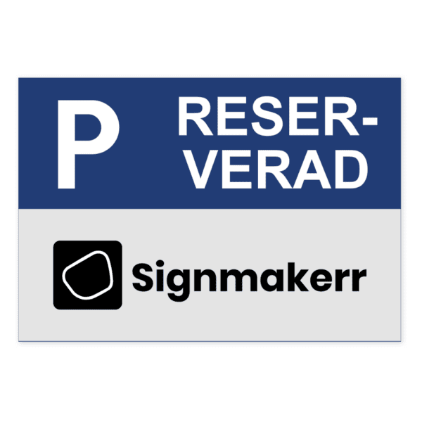 Reserverad parkering med egen logopyp-skylten har storleken 290x200mm och tillverkas i materialet Aluminium 2mm Plan. Denna standardskylt kan anpassas så att du kan skapa din egen version av skylten.